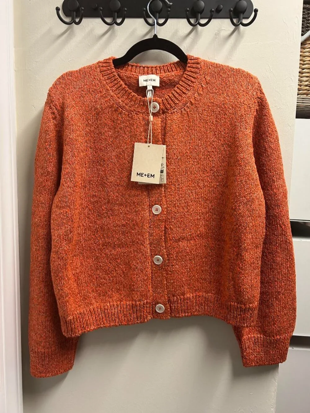 ME+EM Cotton Mouline Knit Relaxed Crew Cardigan Tangerine Orange NWT